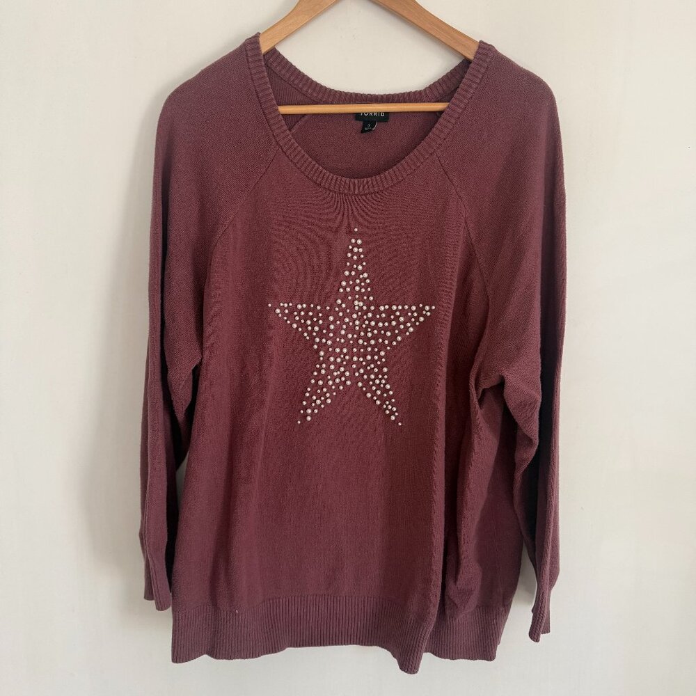 Torrid Woman Purple Long Raglan Sleeves Pearls Star Pullover Sweater Size 3